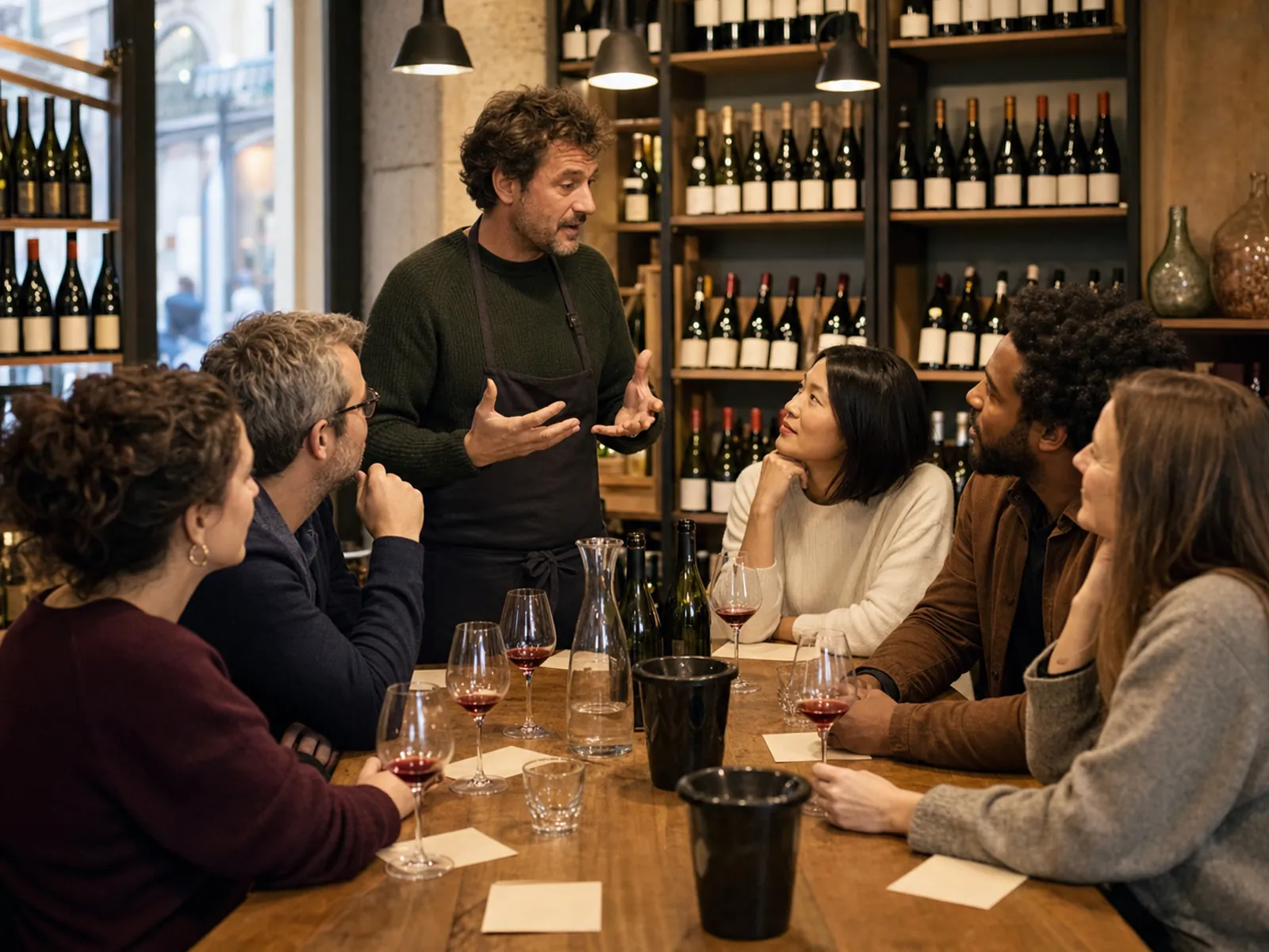 Groupe d’adultes participant à une dégustation commentée dans un bar à vins