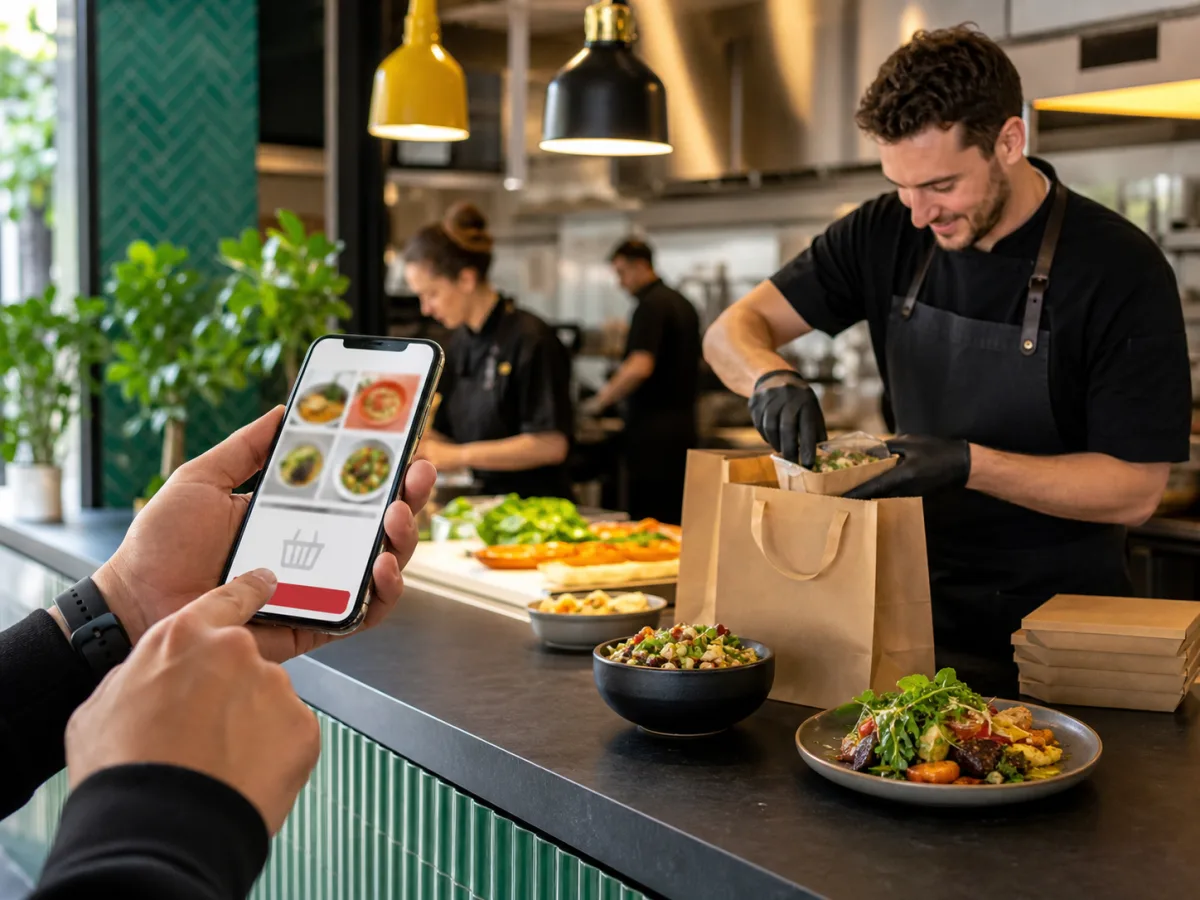 Client commandant sur mobile pendant la préparation au restaurant