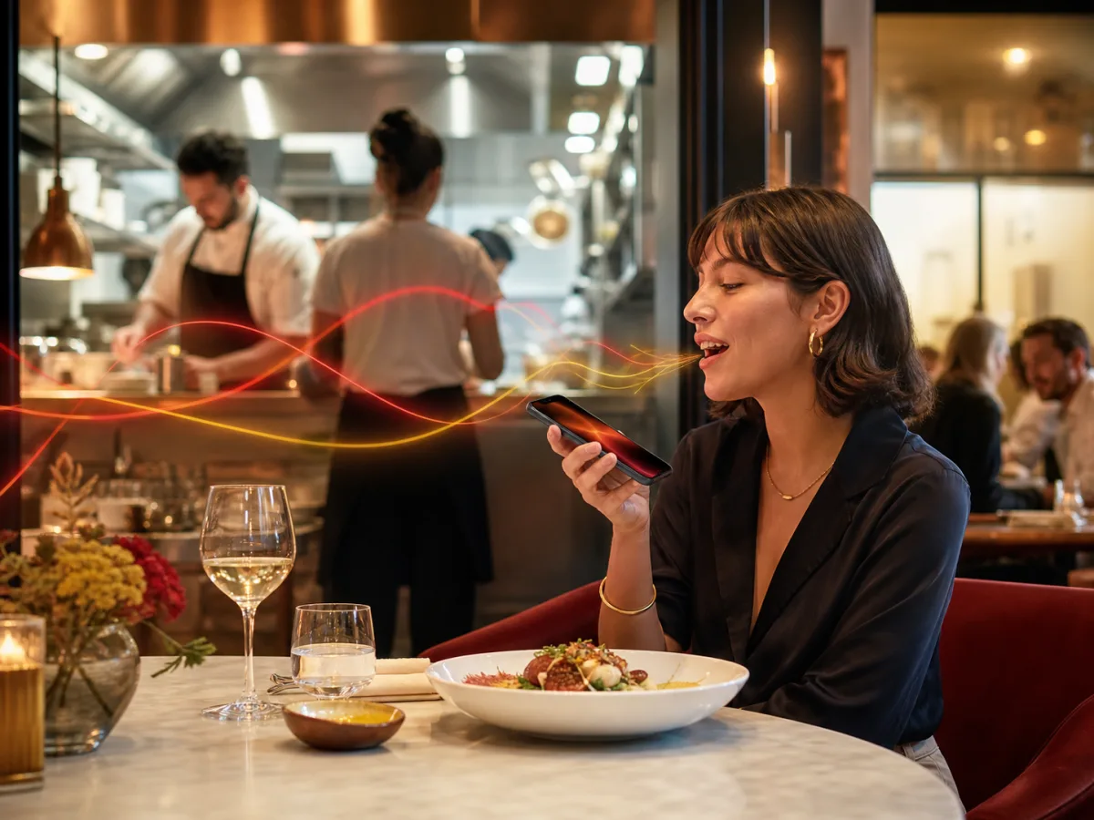 Cliente utilisant la commande vocale en langage naturel dans un restaurant en activité
