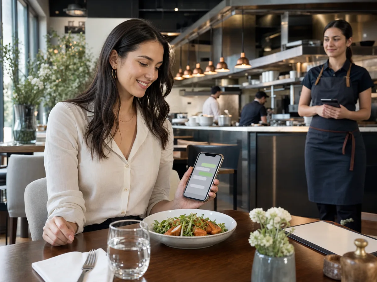 Cliente utilisant une conversation de commande sur smartphone avec le service et la cuisine en arrière-plan
