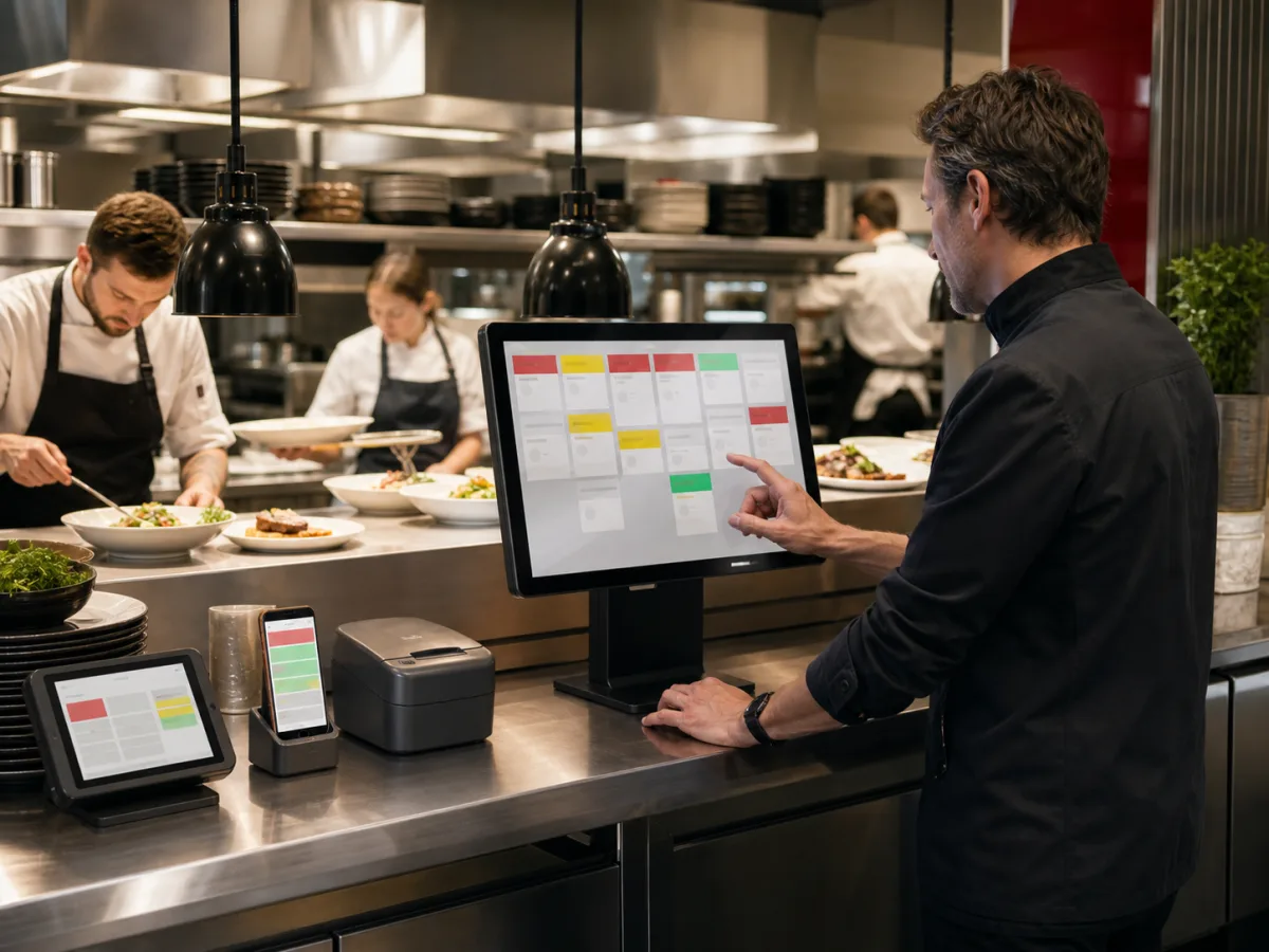 Responsable suivant plusieurs canaux de commande sur un écran central en cuisine