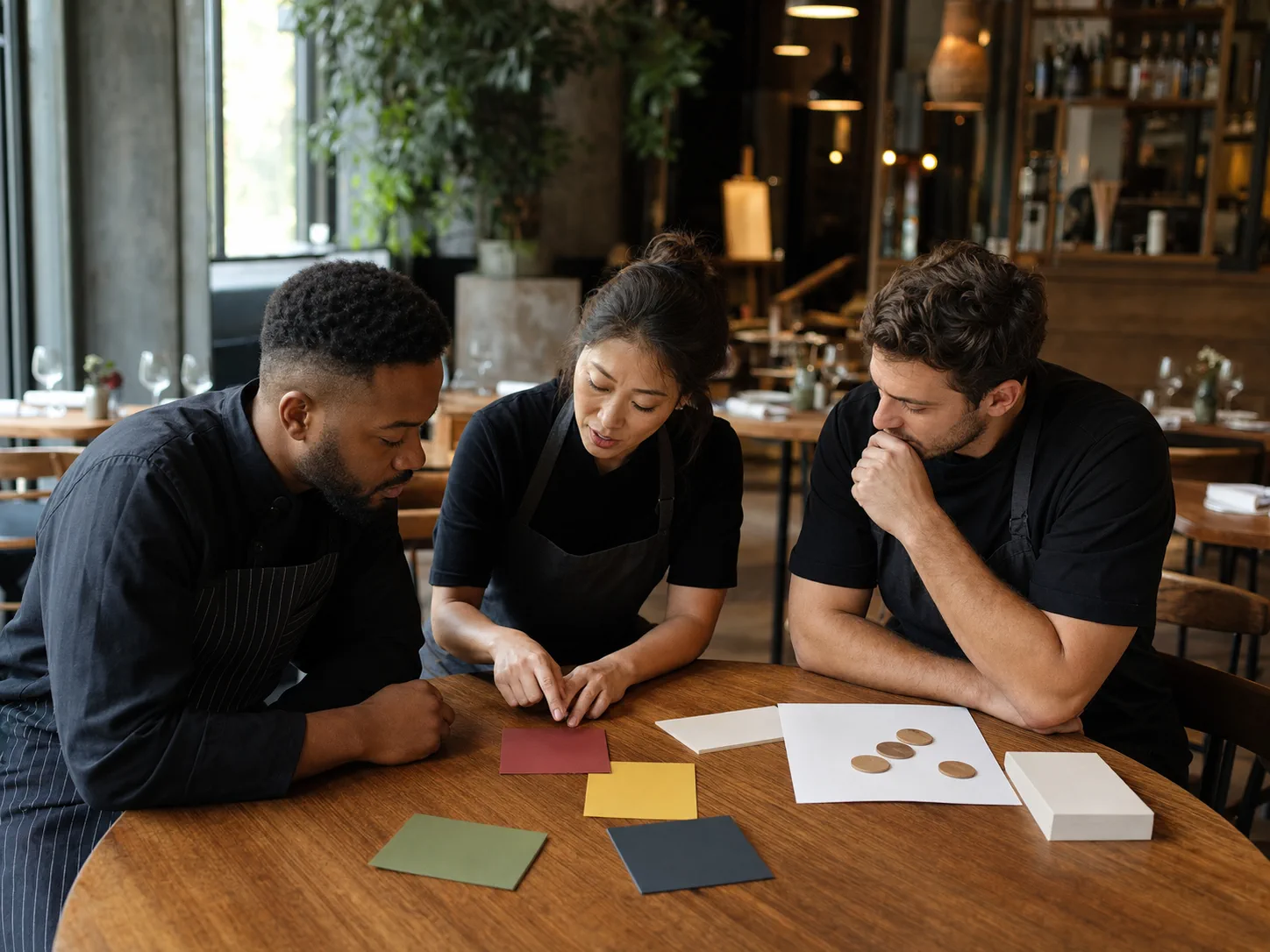 Équipe de restaurant comparant plusieurs modèles de programme de fidélité