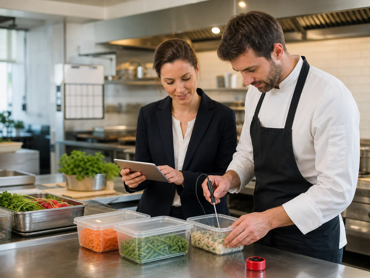 Responsable et chef enregistrant un contrôle de température en cuisine