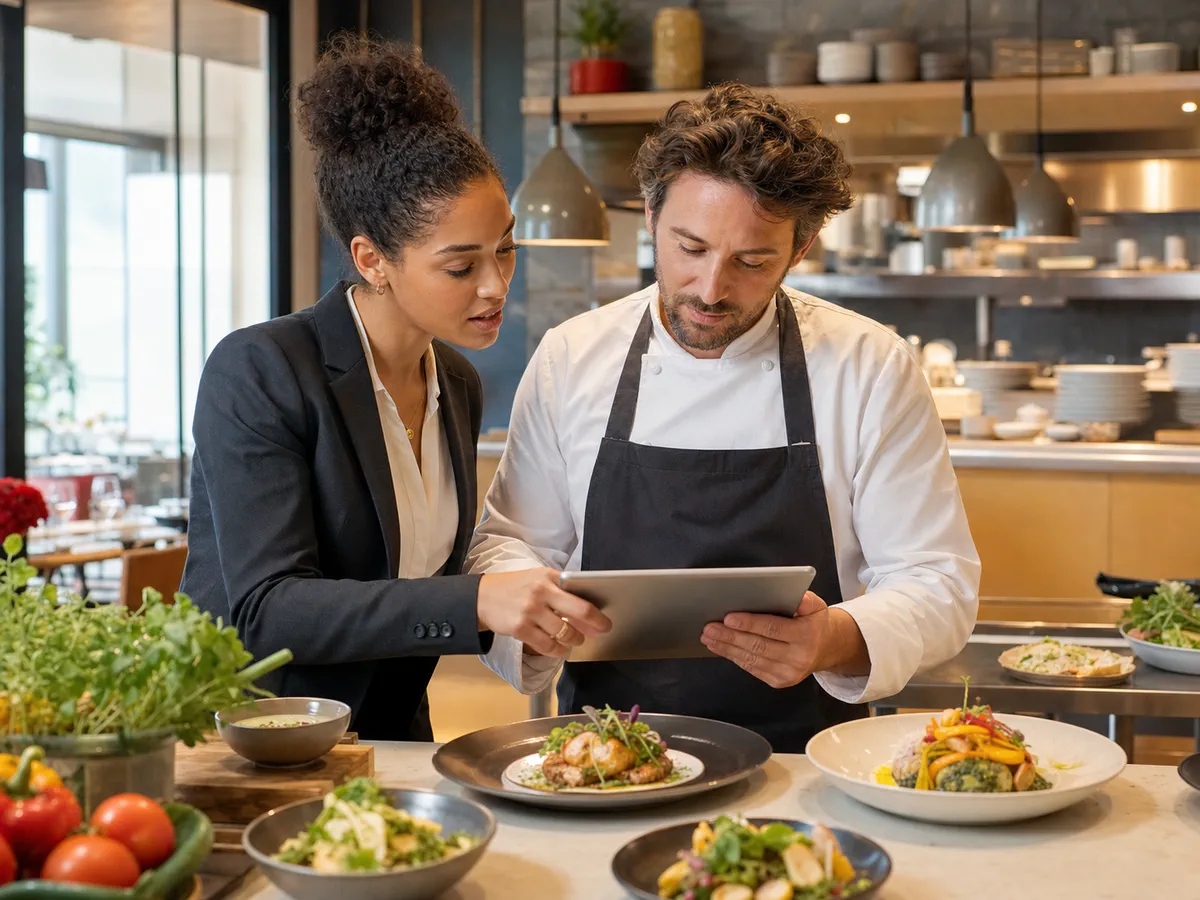 Chef et responsable de restaurant préparant un catalogue de produits sur tablette