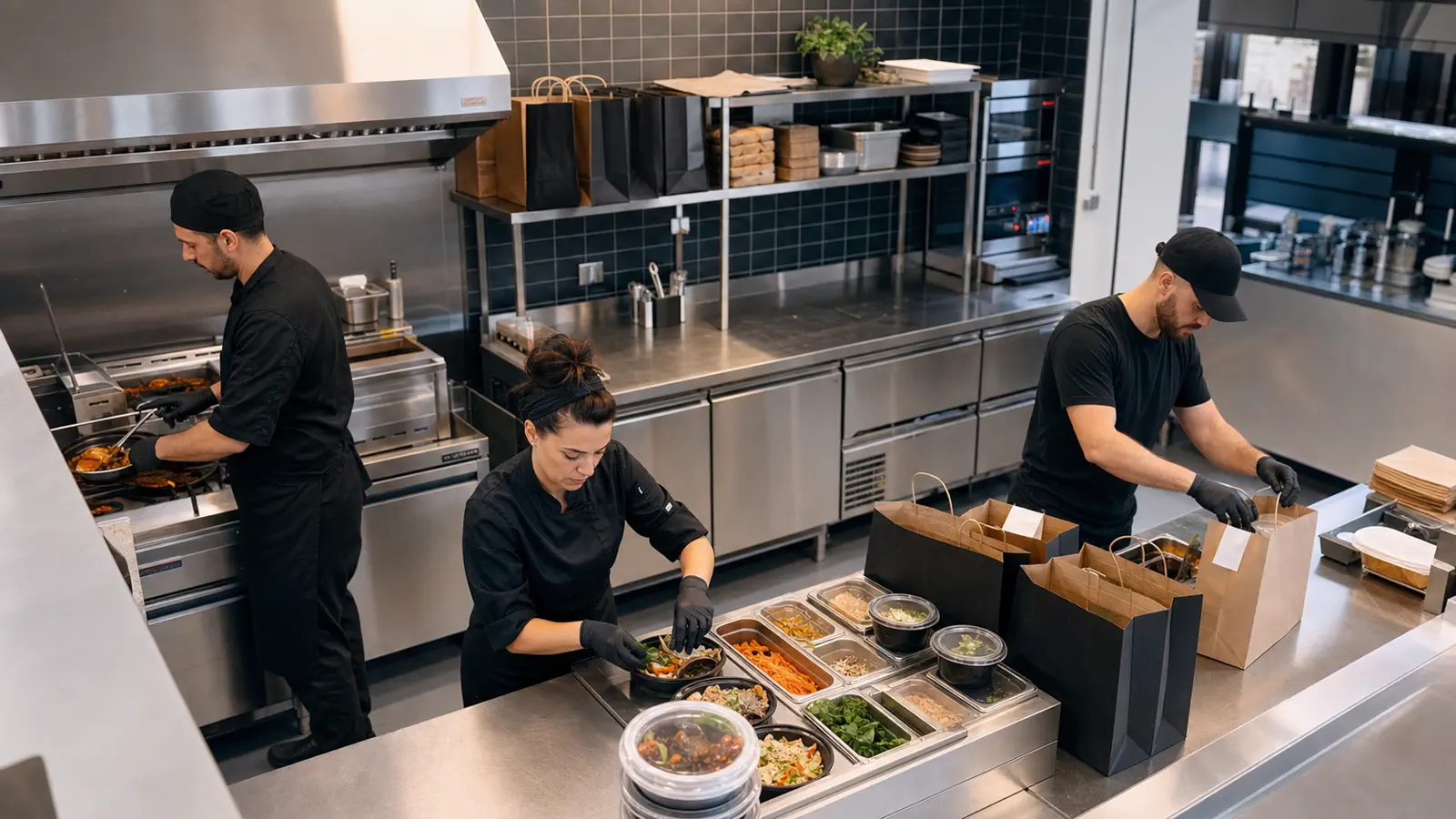 Trois professionnels coordonnant les postes d’une dark kitchen