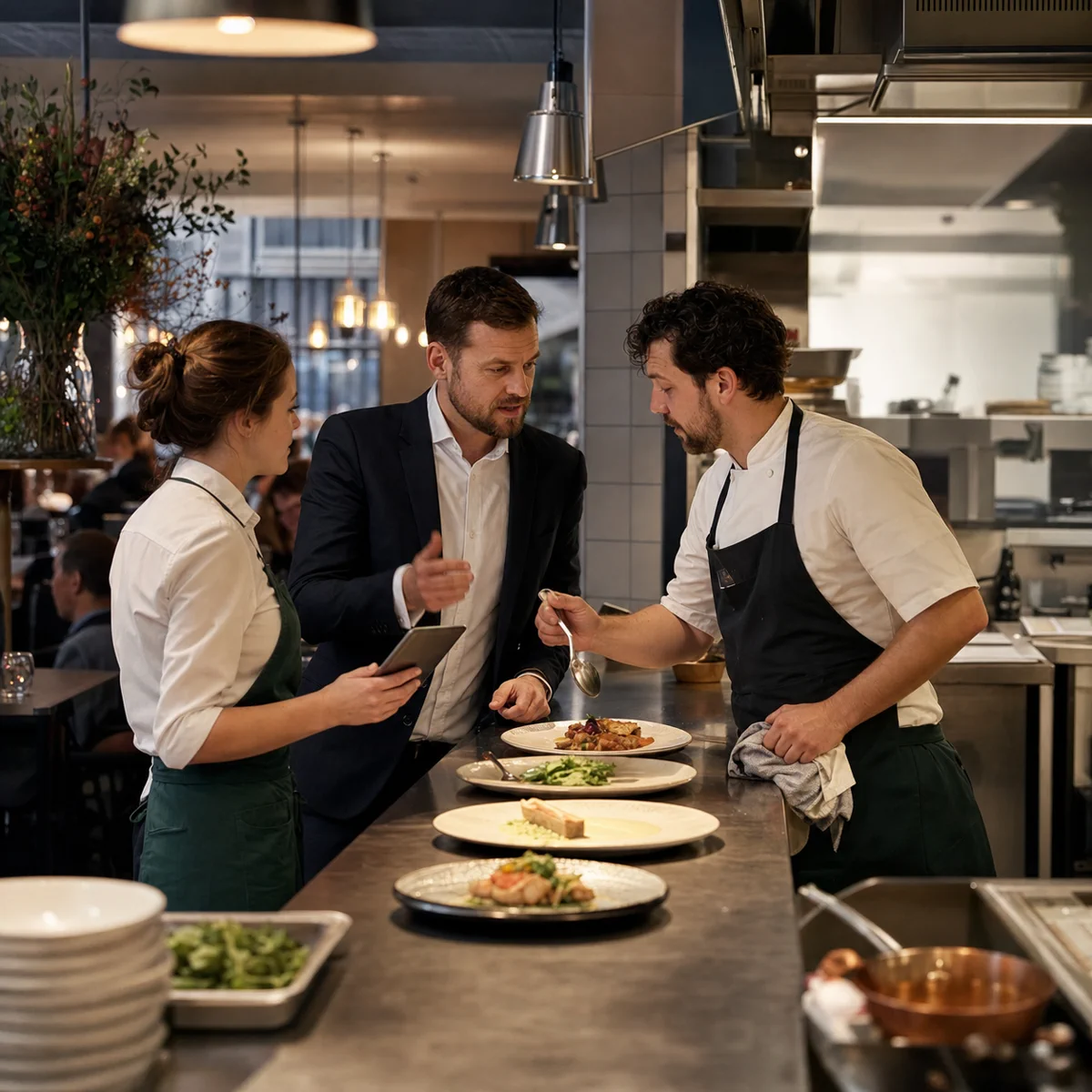 Équipe de restaurant coordonnant le service entre la salle et la cuisine