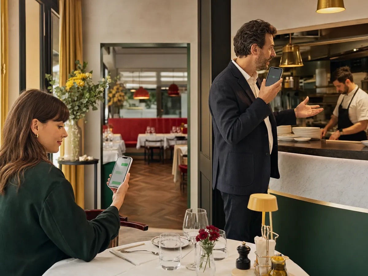 Cliente consultant un assistant sur smartphone et responsable utilisant la commande vocale près de la cuisine
