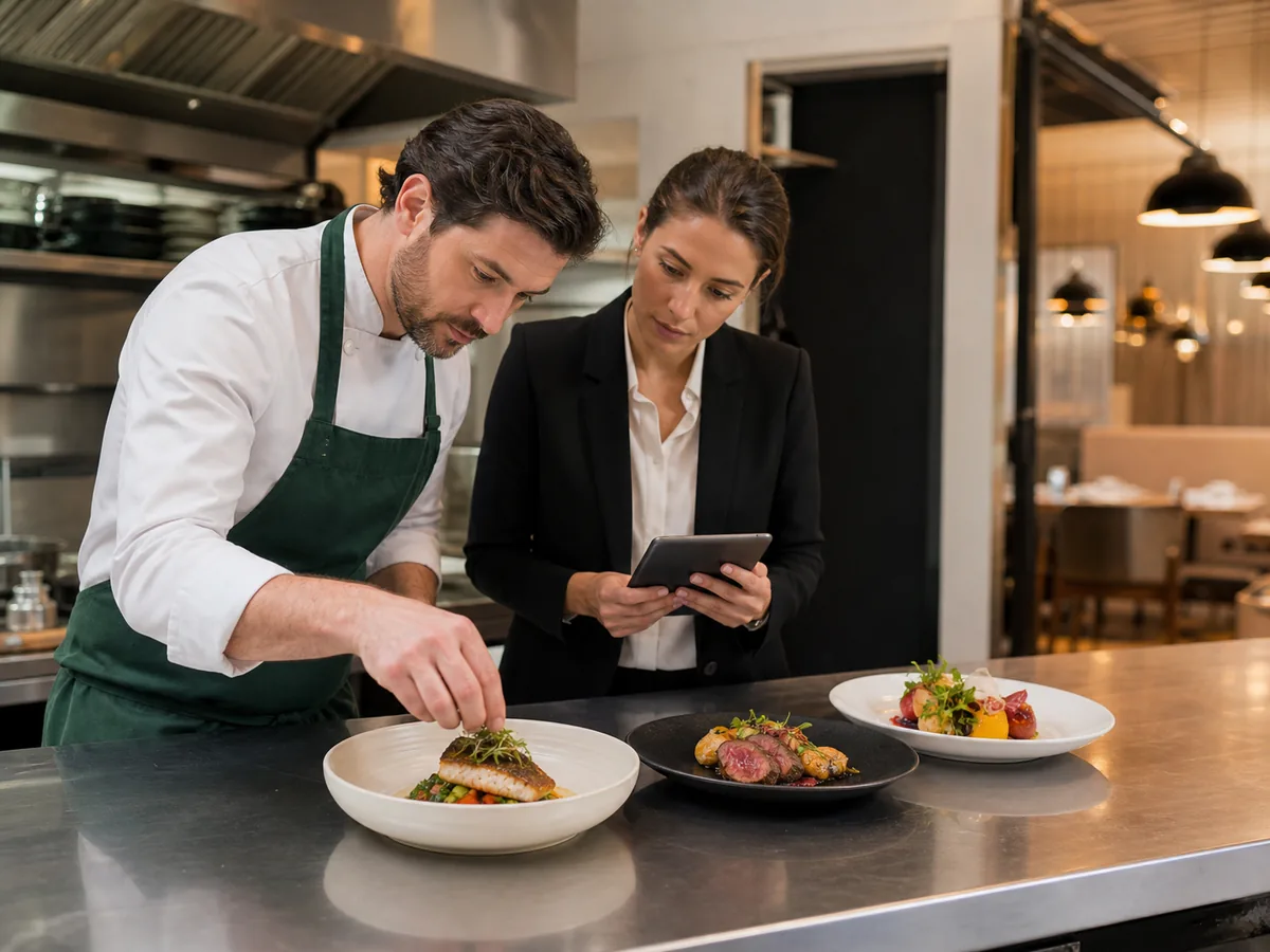 Chef et responsable préparant les plats d’un menu digital