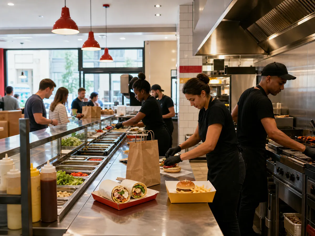 Équipe de fast-food préparant des commandes pendant le service