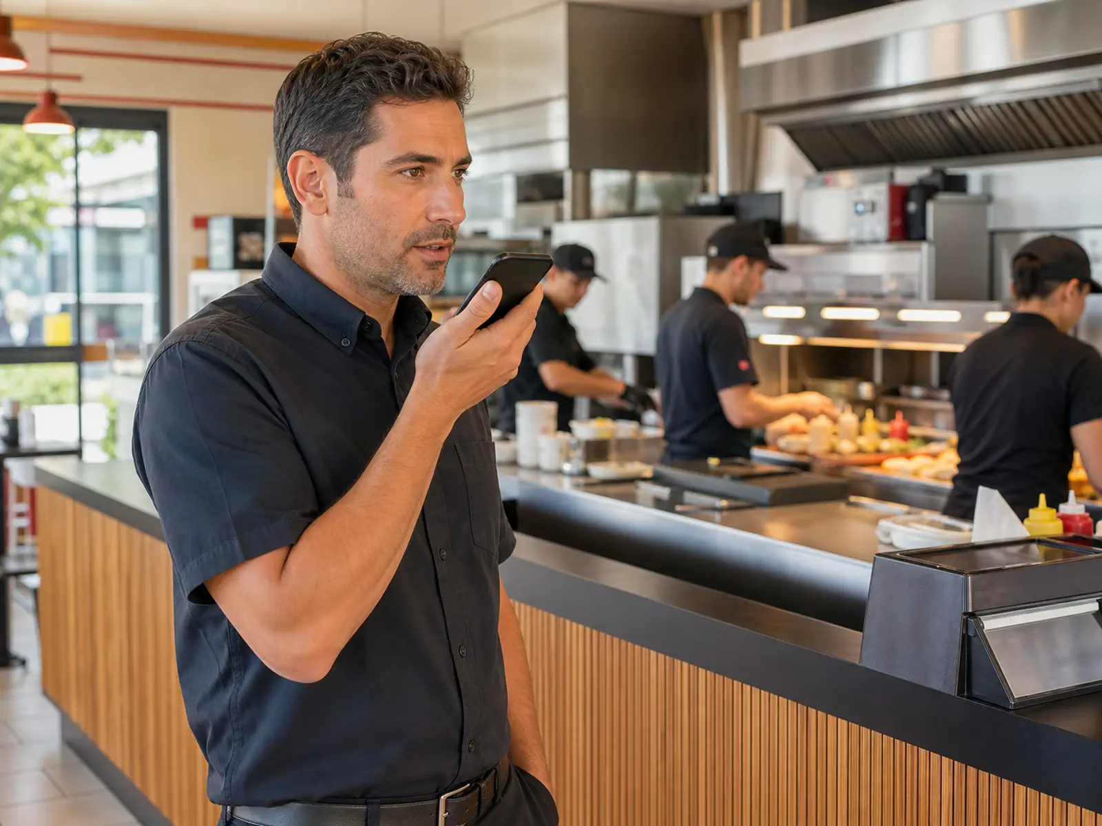 Responsable de fast-food utilisant un message vocal près de la cuisine