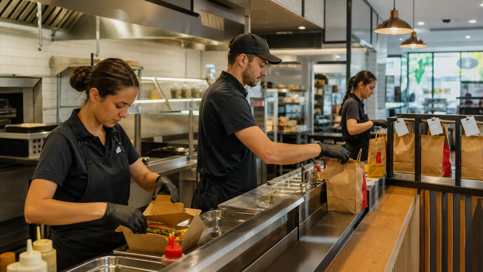 Équipe de fast-food organisant les commandes à emporter