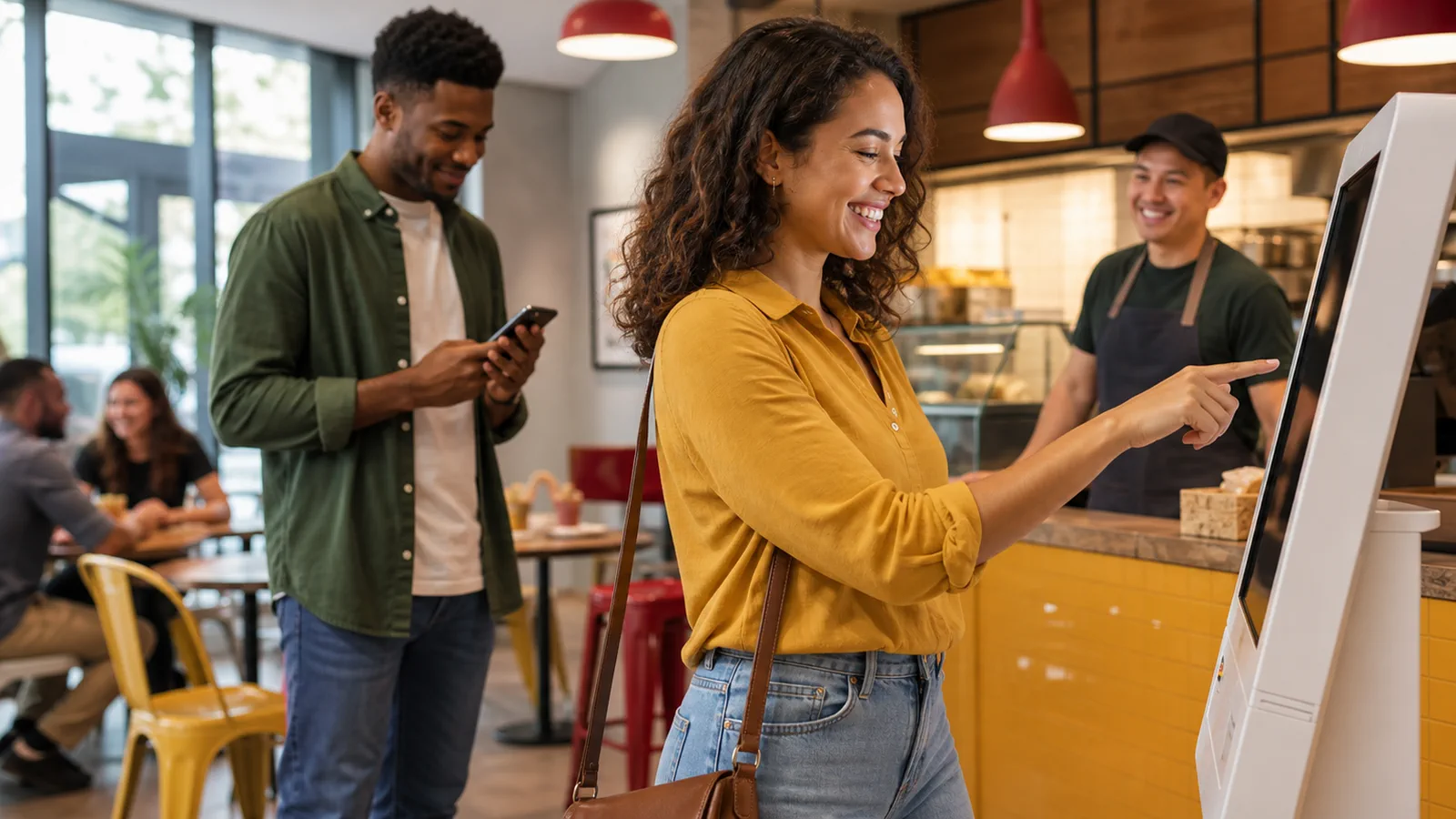 Cliente profitant d’une expérience de fidélisation Gusteo sur une borne pendant qu’un autre client utilise son mobile