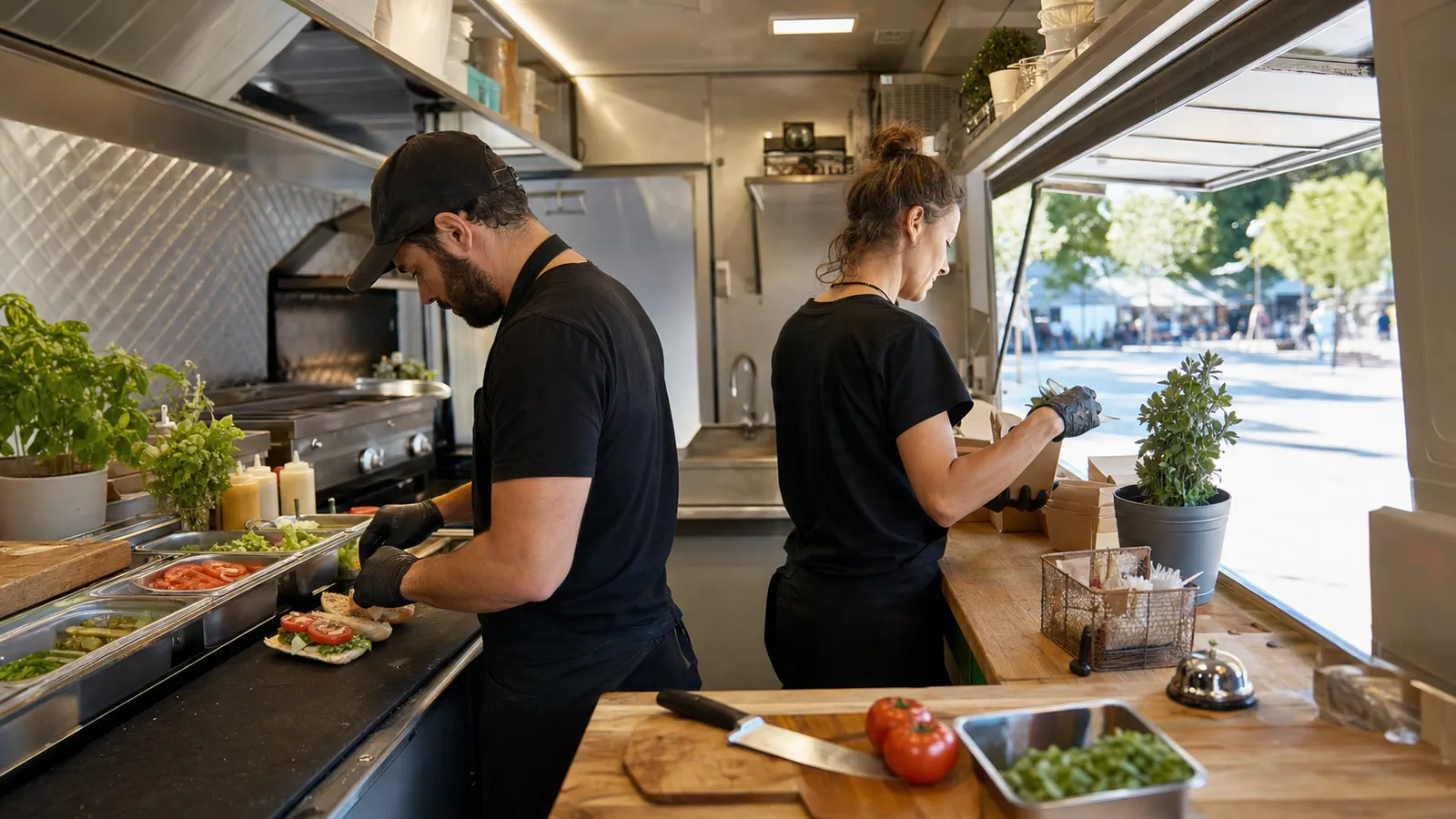 Deux professionnels préparant des commandes dans un food truck