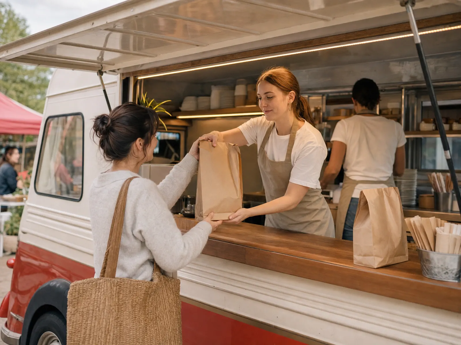 Équipière remettant une précommande au comptoir d’un food truck