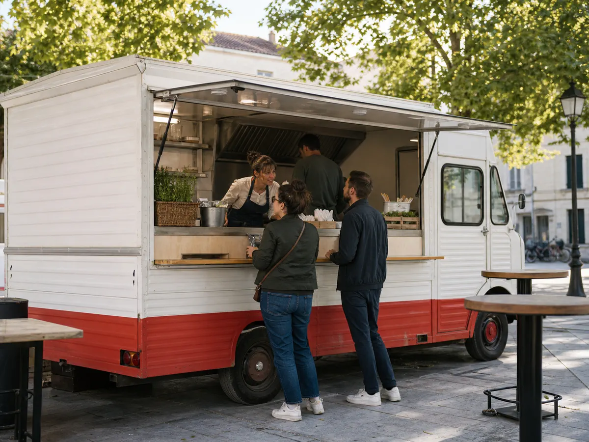 Food truck indépendant servant des clients sur une place
