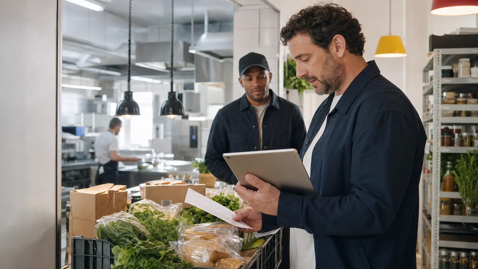 Responsable de restaurant contrôlant une commande fournisseur sur tablette