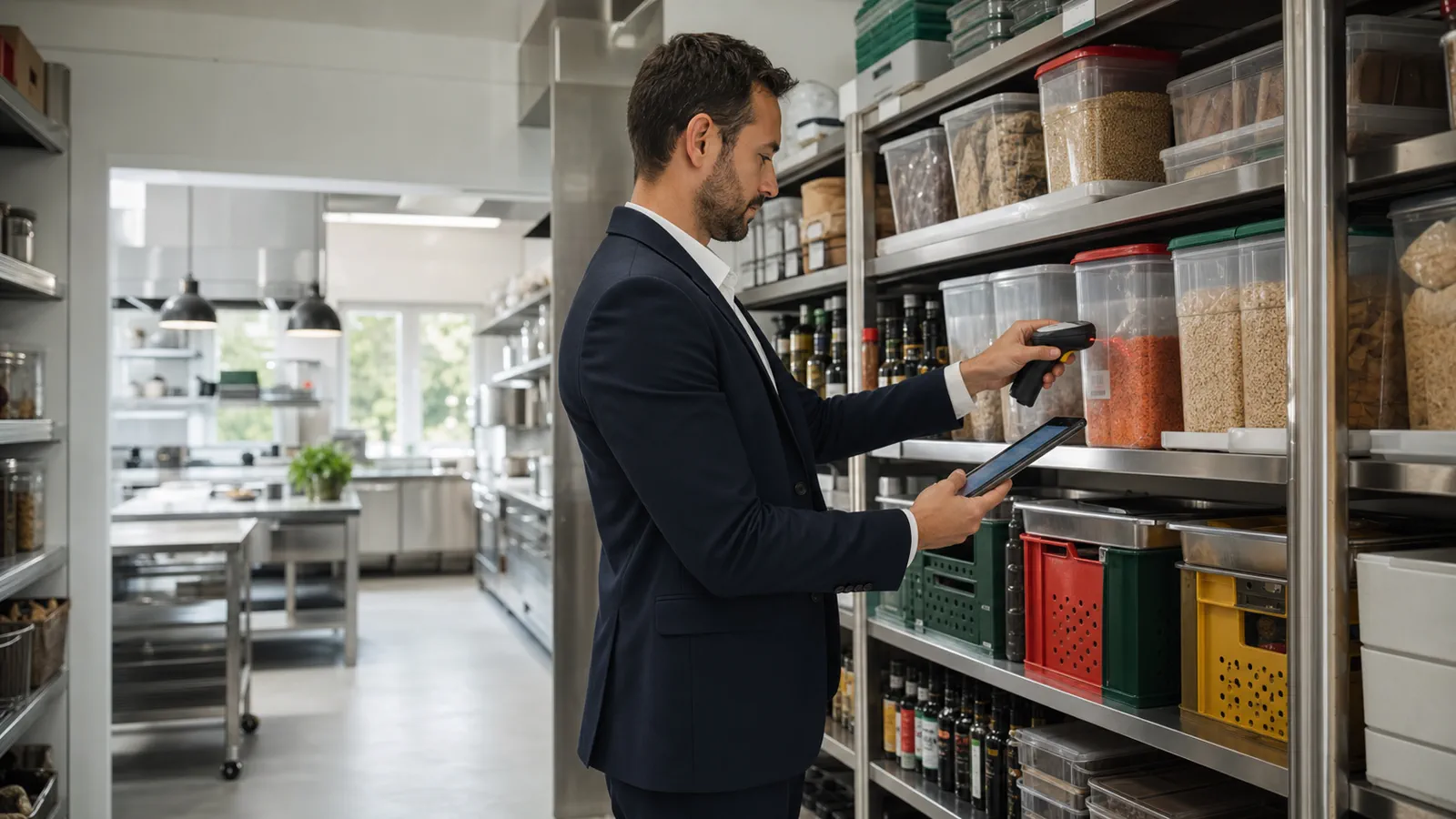Responsable réalisant l’inventaire des ingrédients avec une tablette et un lecteur de code-barres