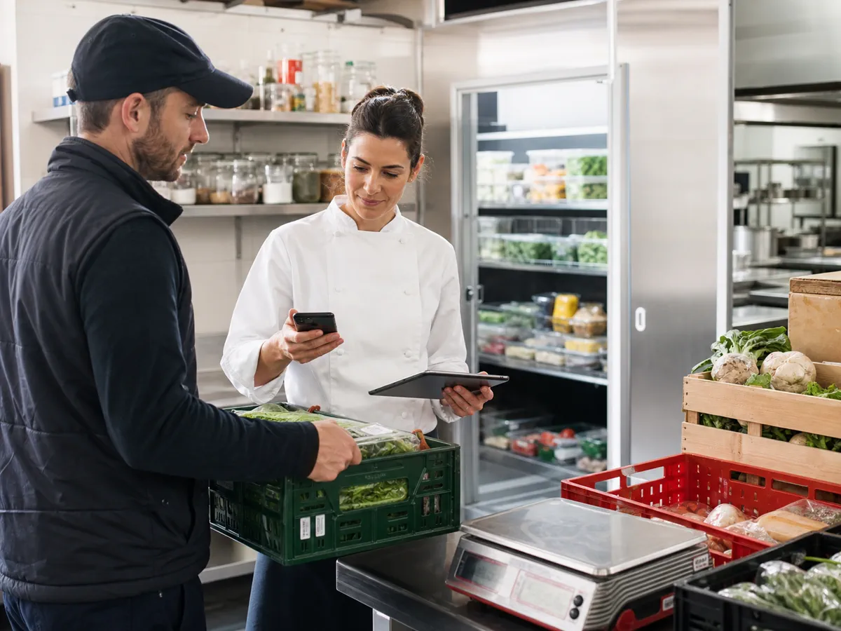 Responsable contrôlant une livraison fournisseur avec téléphone et tablette avant l’entrée en stock