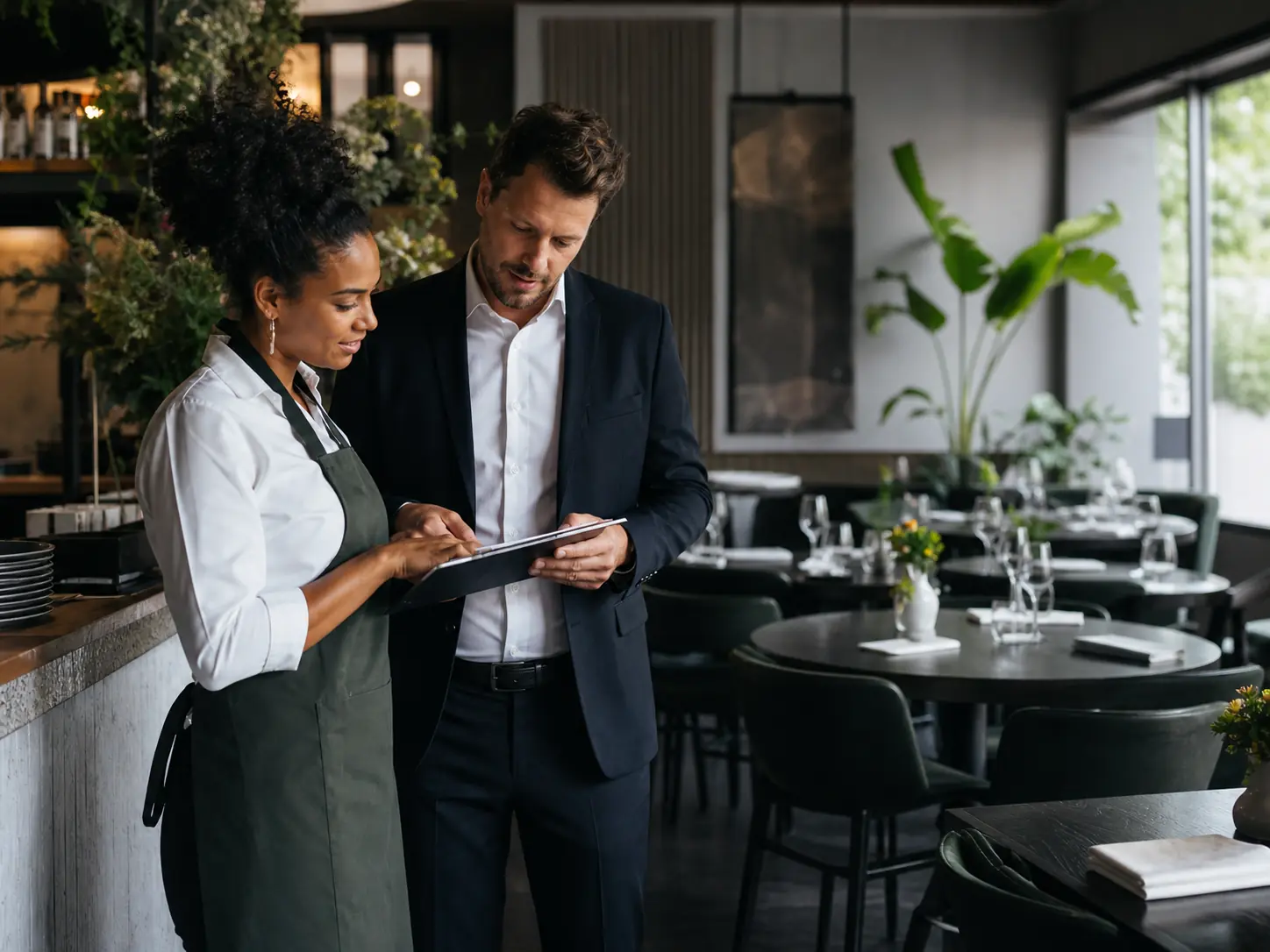 Responsable de restaurant et membre de l’équipe analysant les réservations avant le service