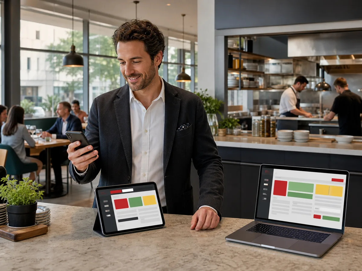 Responsable de restaurant utilisant Gusteo sur téléphone, tablette et ordinateur