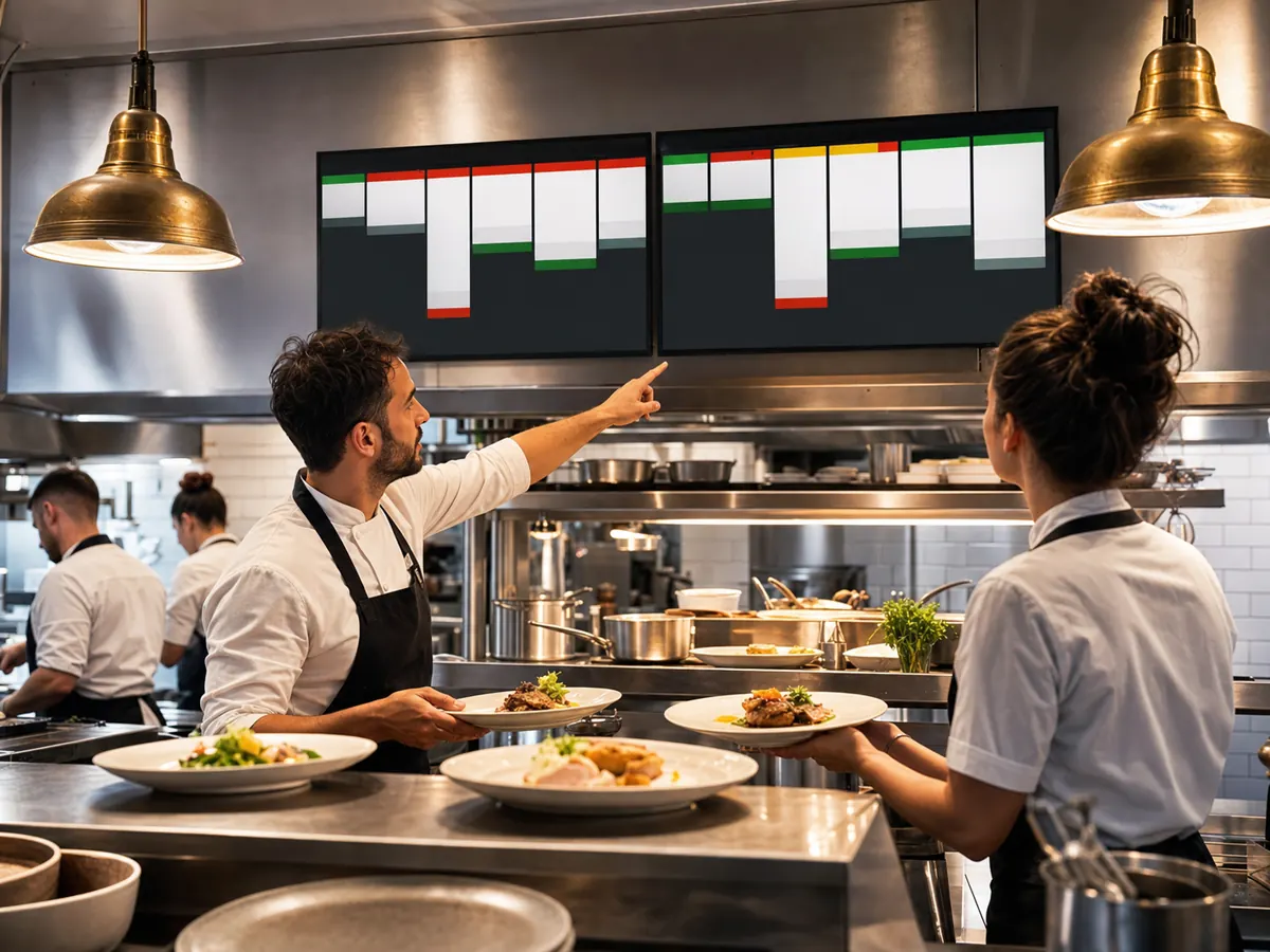 Équipe de cuisine coordonnant les commandes devant deux écrans KDS