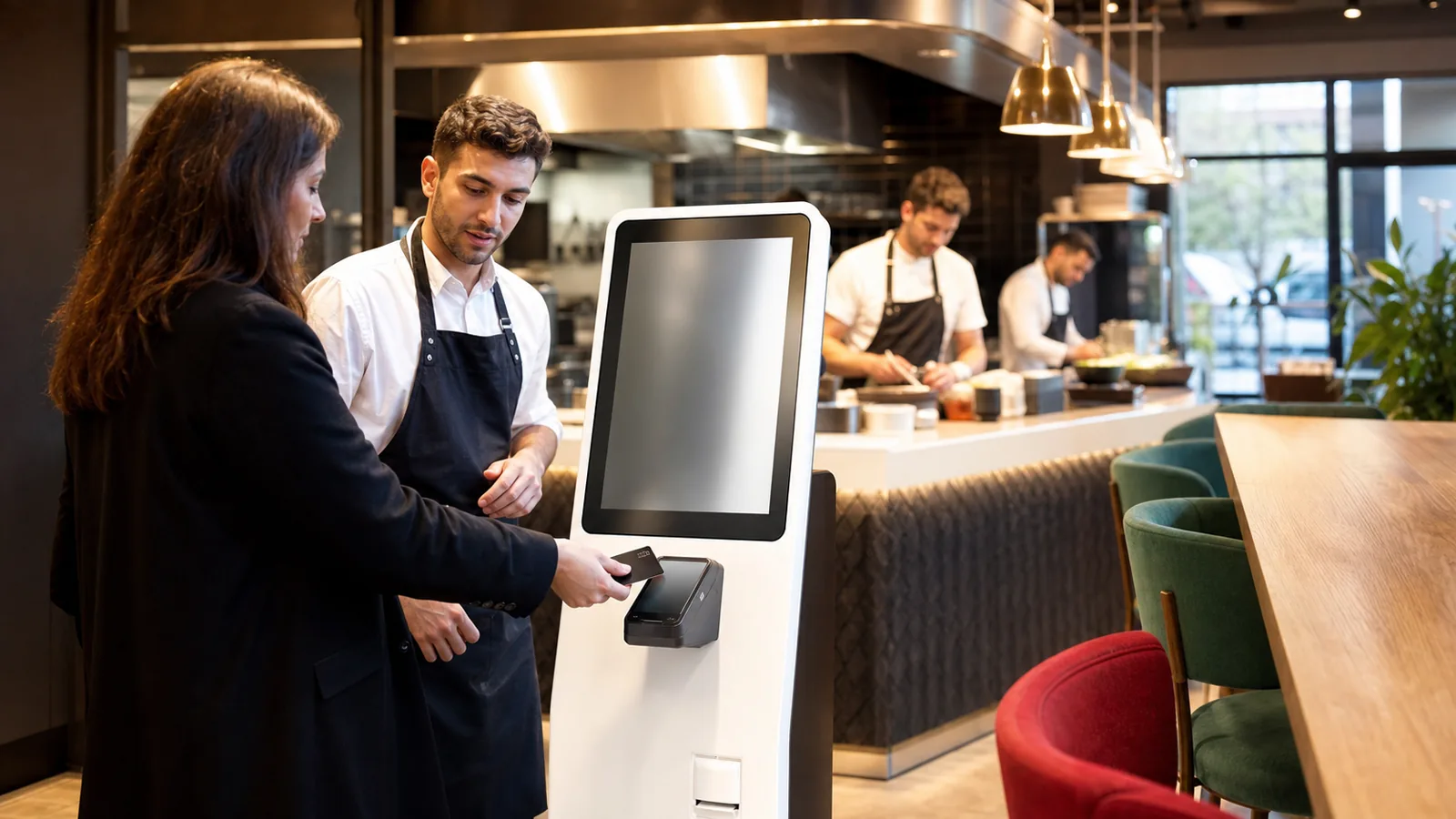 Cliente réglant sa commande par carte sur une borne dans un restaurant