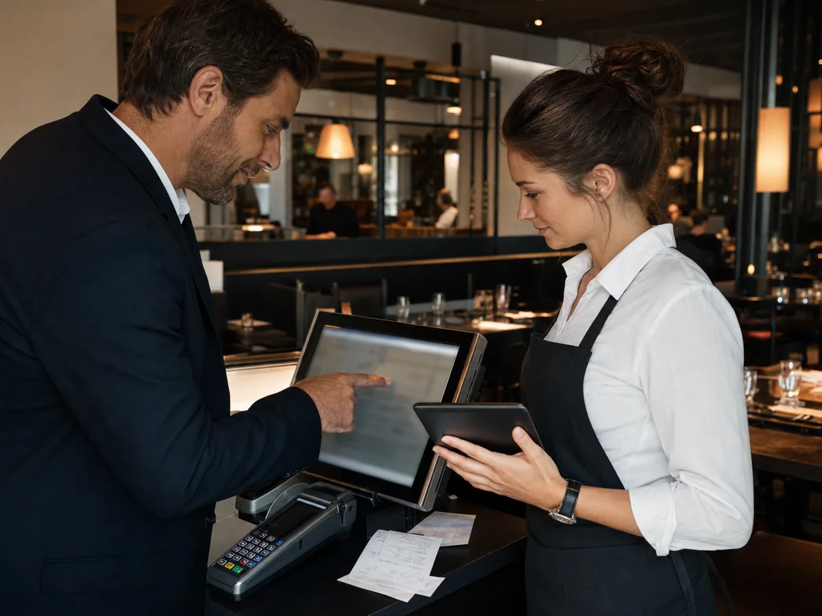 Responsable et employée contrôlant les paiements depuis le point de vente