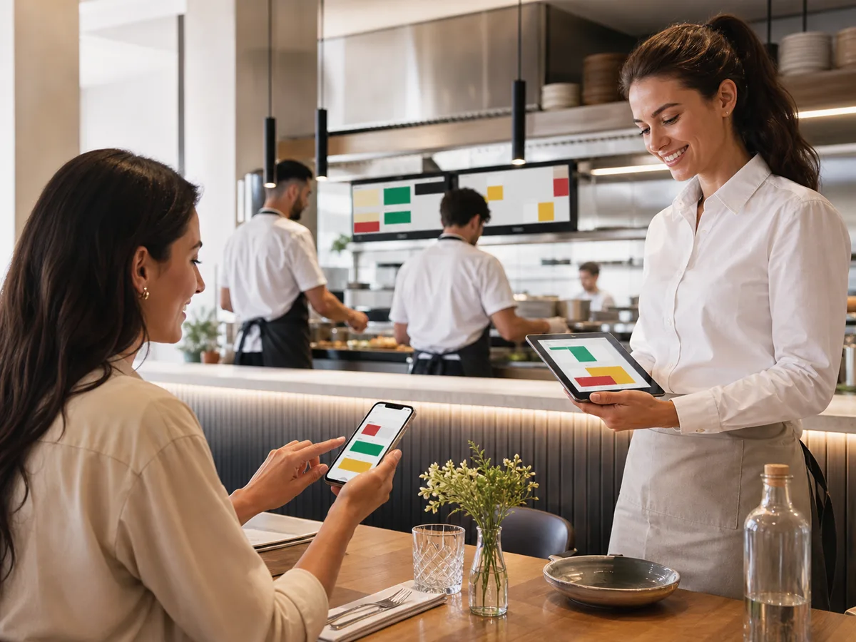 Cliente commandant sur smartphone avec une serveuse équipée d’une tablette devant la cuisine
