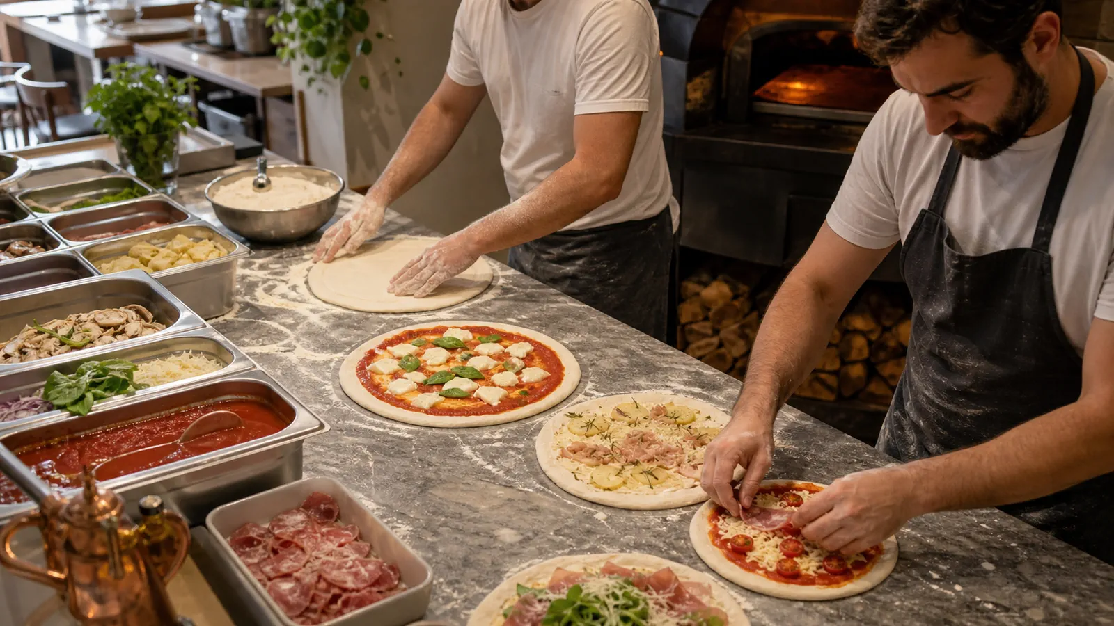 Deux pizzaiolos préparant plusieurs recettes et tailles de pizzas