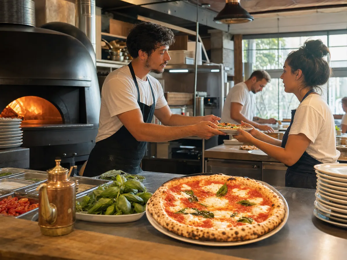 Équipe de pizzeria coordonnant la préparation autour du four