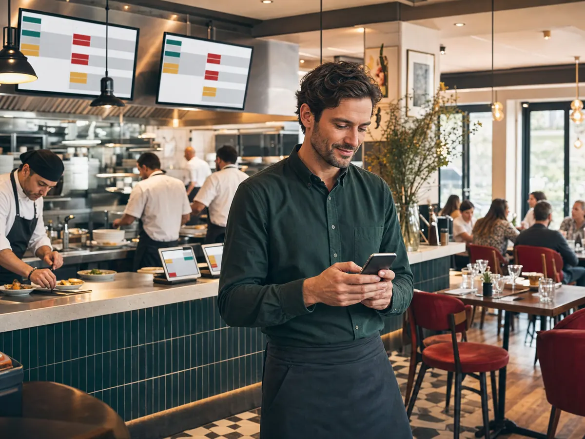 Responsable de restaurant utilisant un smartphone devant une cuisine équipée d’écrans KDS