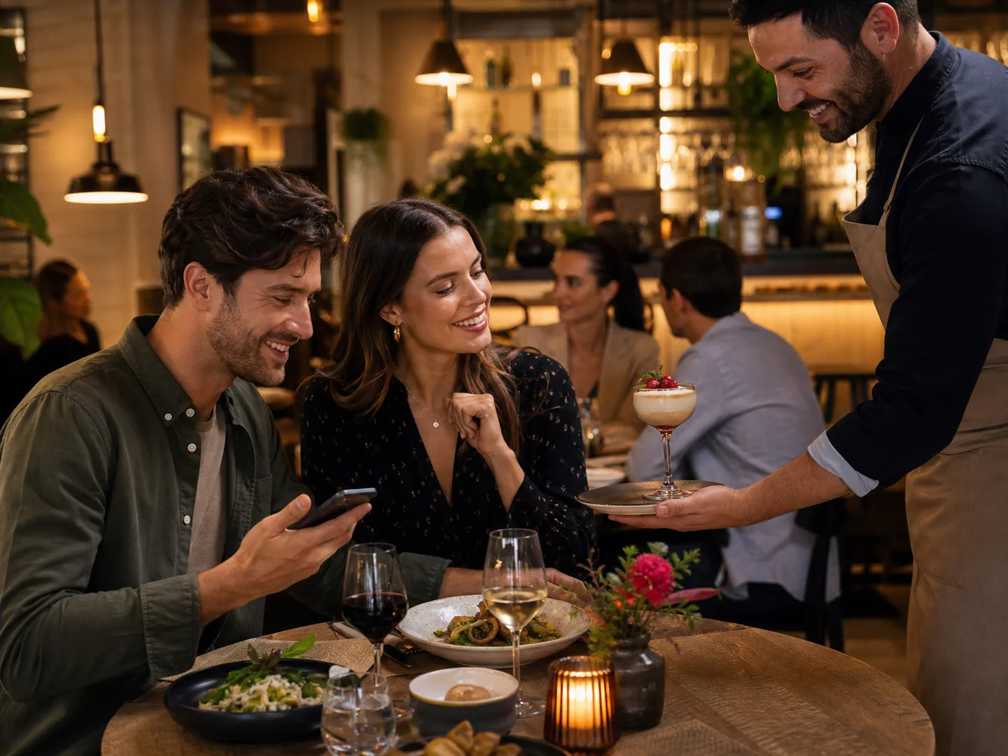 Serveur présentant un dessert à deux clients qui consultent leur téléphone à table