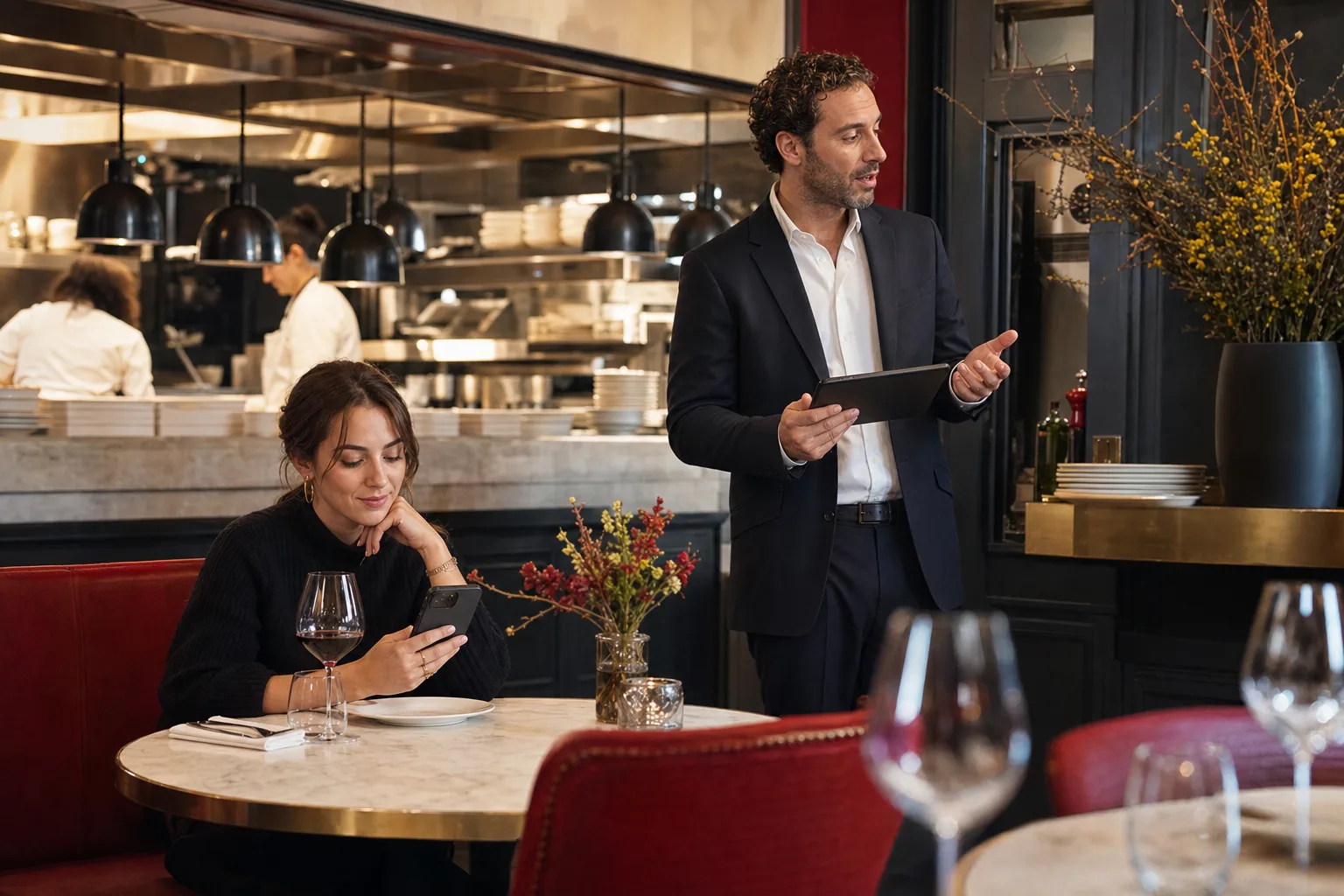 Cliente consultant son téléphone et responsable de restaurant utilisant une tablette