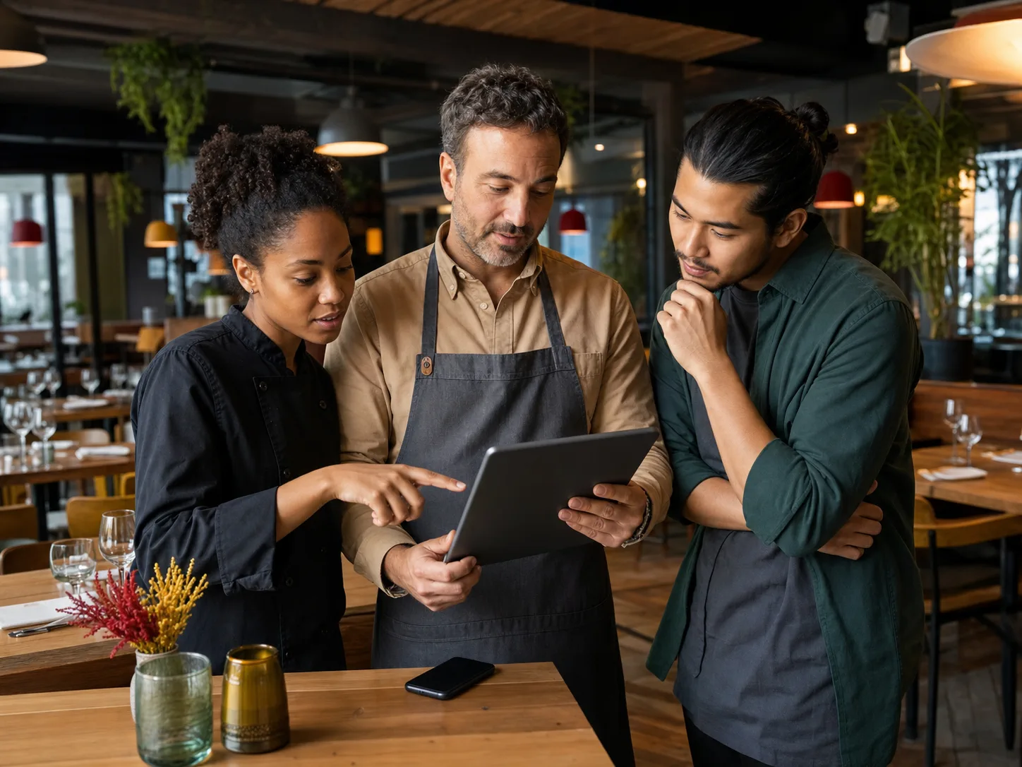 Équipe de restaurant préparant un programme de fidélité digital sur tablette