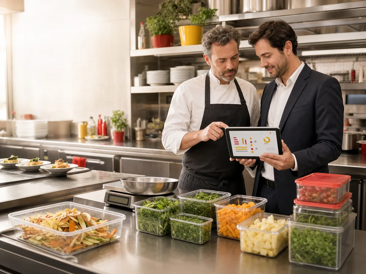 Chef et responsable ajustant les quantités préparées à partir des pertes observées