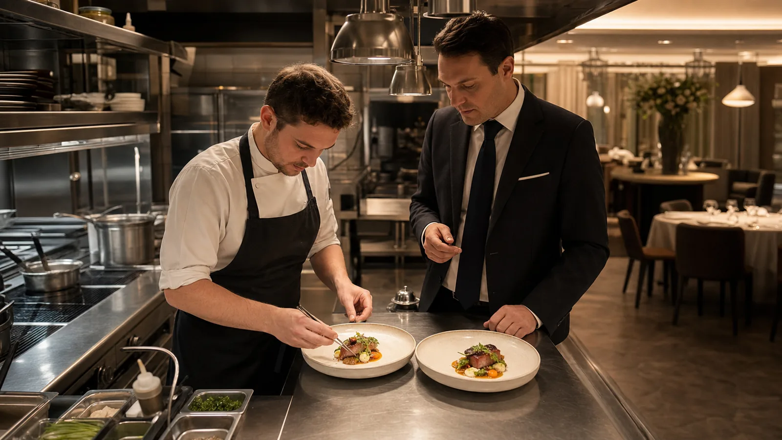 Chef et maître d’hôtel vérifiant deux assiettes au passe
