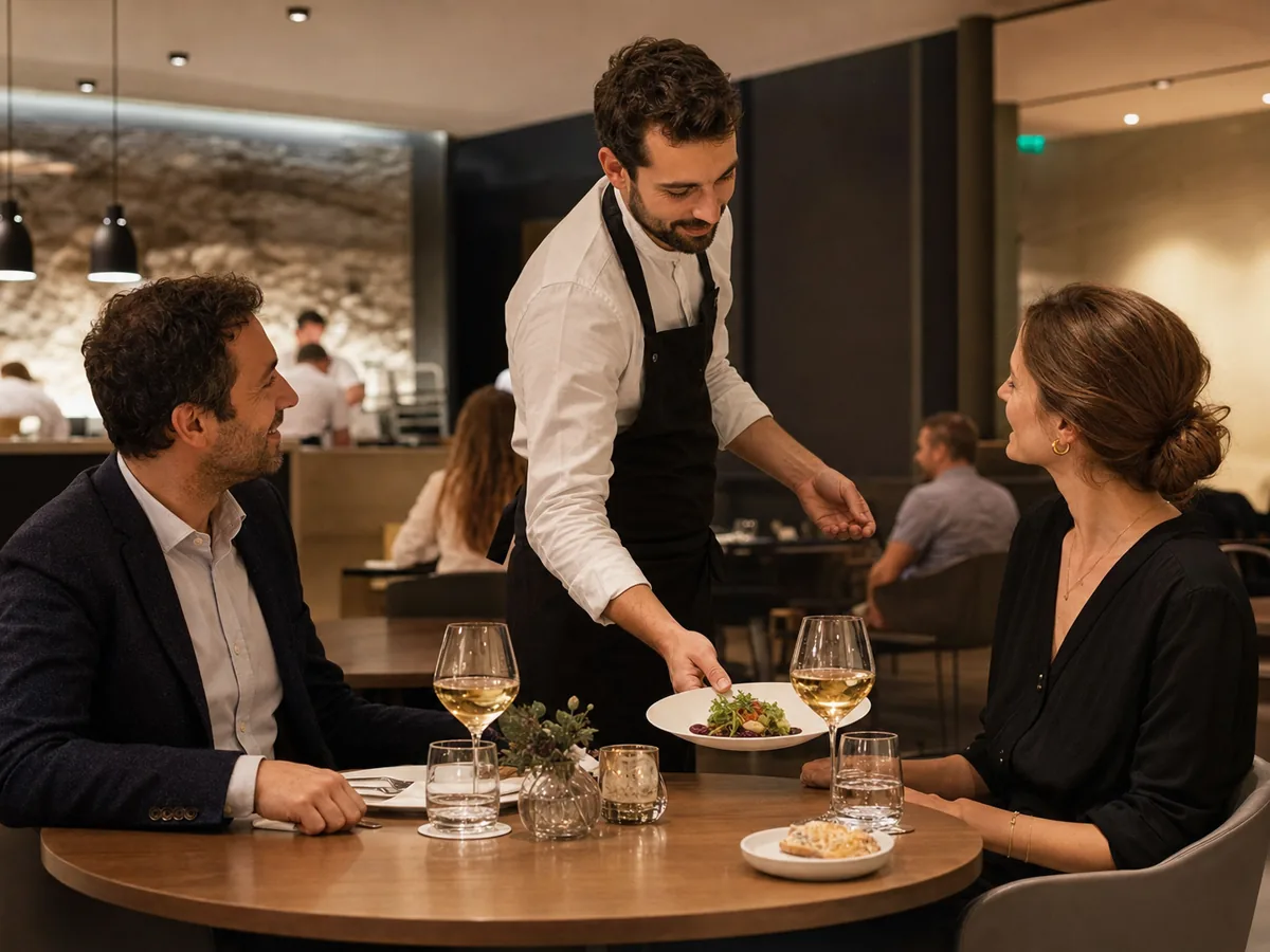 Serveur présentant un plat à des convives dans un restaurant gastronomique