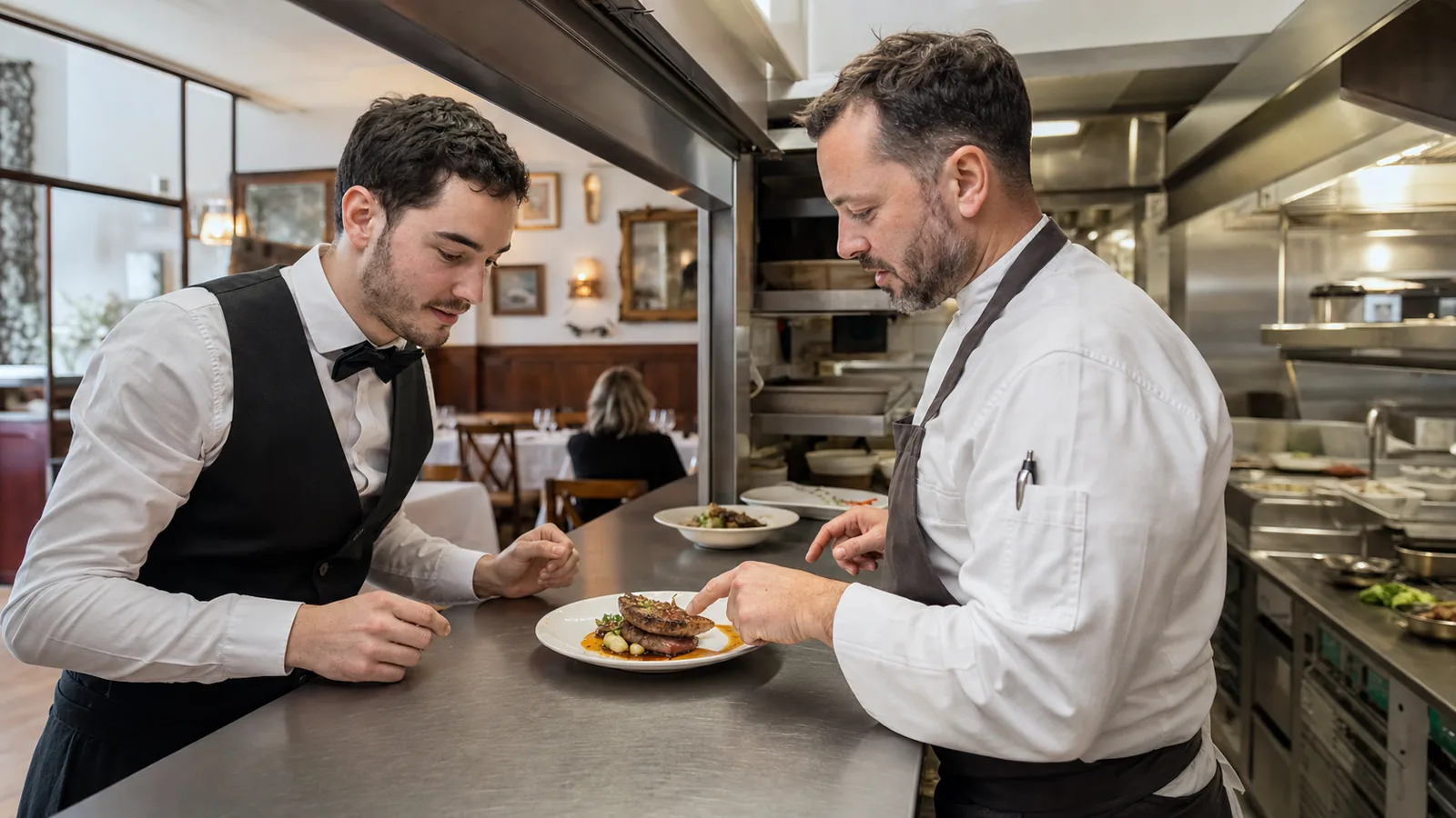 Serveur et chef vérifiant un plat au passe avant le service