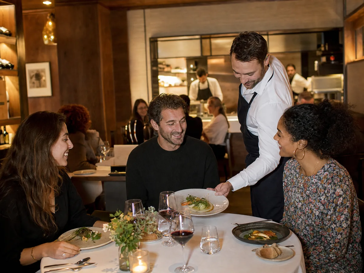 Serveur apportant un plat à une table dans un restaurant traditionnel