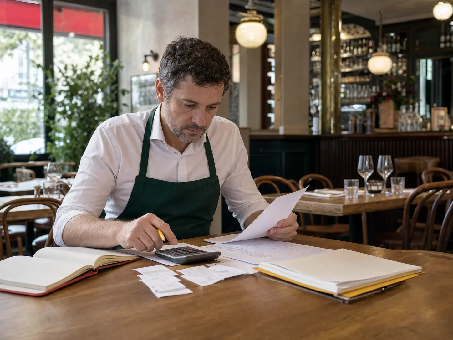 Responsable de restaurant analysant une campagne avec une calculatrice et des documents