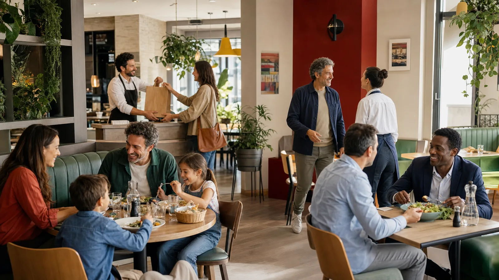 Famille, clients professionnels, habitué et commande à emporter dans un restaurant