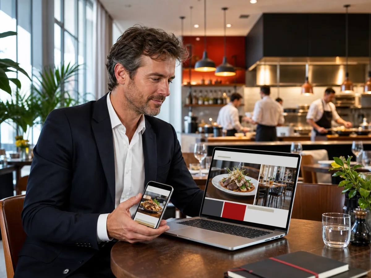 Restaurateur consultant son site internet sur ordinateur et mobile
