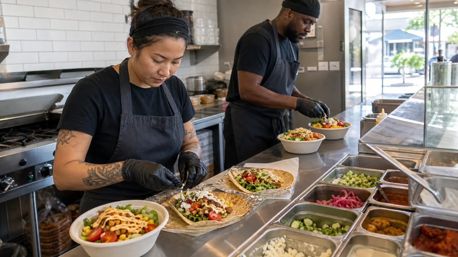 Deux équipiers préparant des wraps et des bowls personnalisés