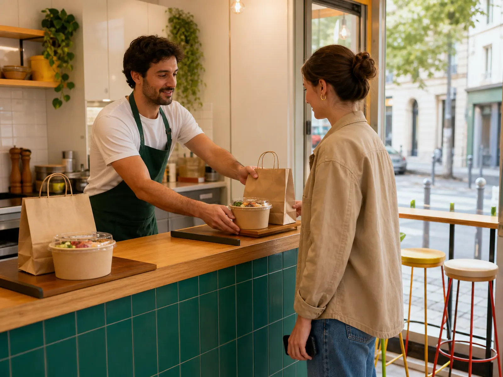 Équipier remettant une commande à emporter au comptoir d’un snack