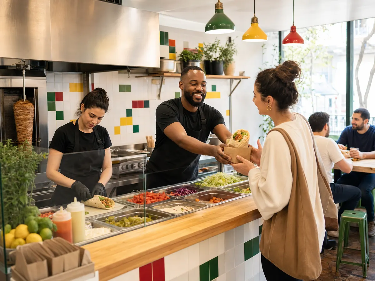 Équipe remettant une commande au comptoir d’un snack indépendant