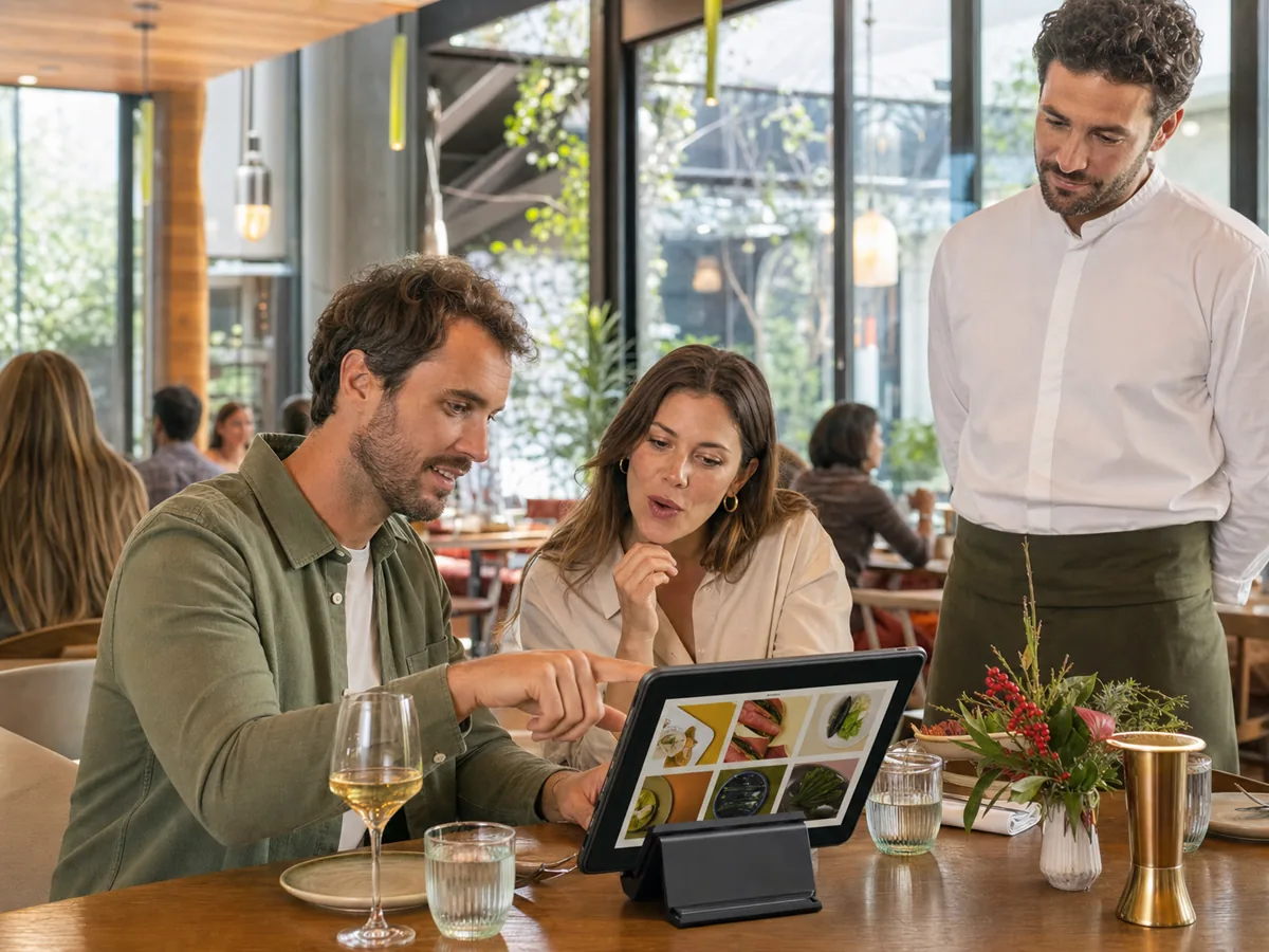 Deux clients consultent une tablette interactive à leur table