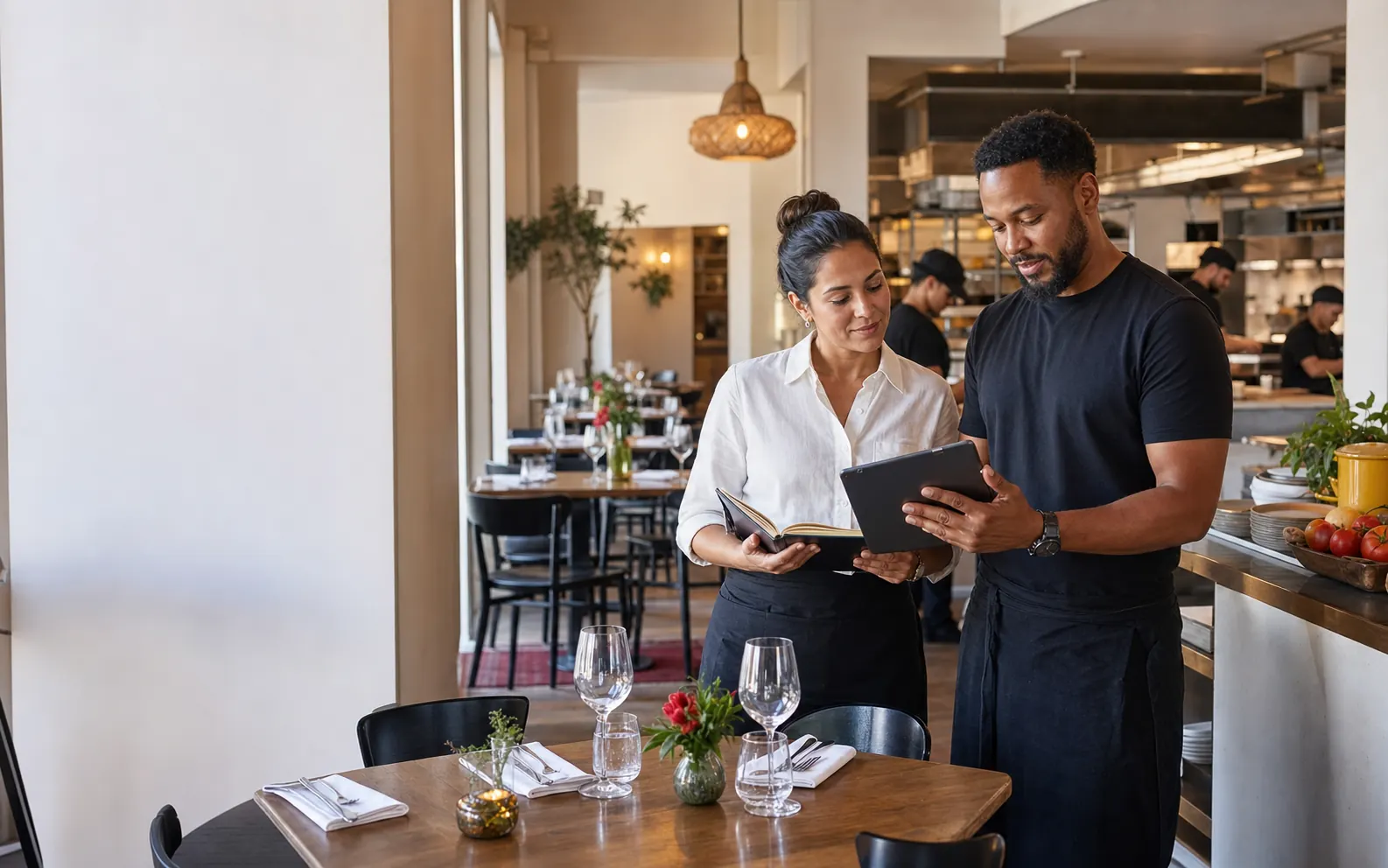 Deux responsables de restaurant examinent leurs priorités avant le service