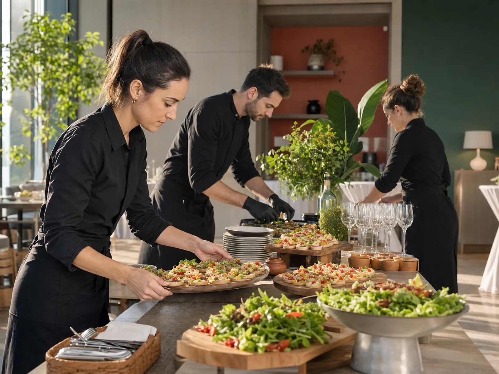 Équipe traiteur installant un buffet avant une réception professionnelle