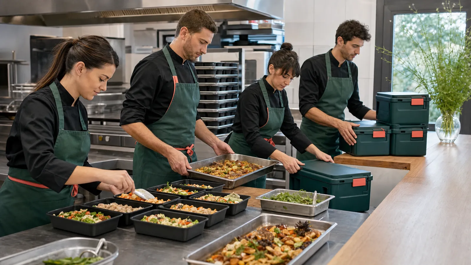 Équipe traiteur préparant les portions et les contenants d’une prestation confirmée