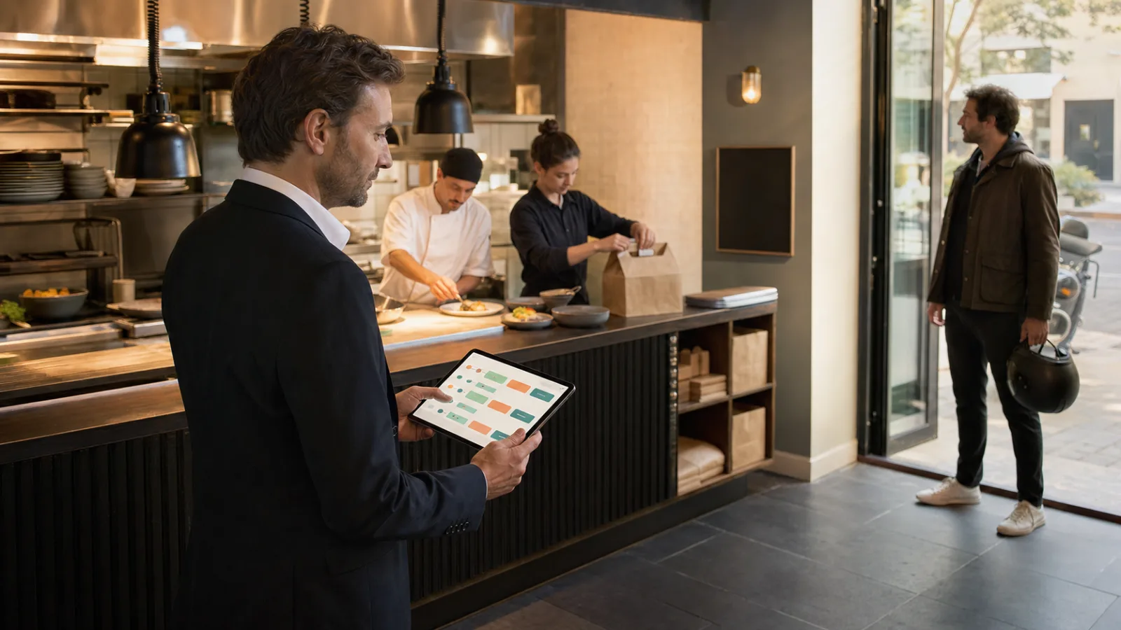 Responsable de restaurant suivant une commande de livraison sur une tablette entre la cuisine et le point de retrait